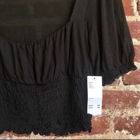 Urban Outfitters Puff Sleeve Ruched Square Neck Sheer Black Stretchy Crop Top - Picture 3 of 5
